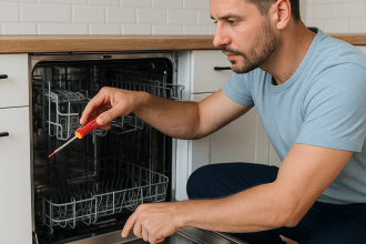 Ankara Arçelik bulaşık makinesi servisi tamircisi, modern mutfakta bulaşık makinesini tornavidayla onarıyor