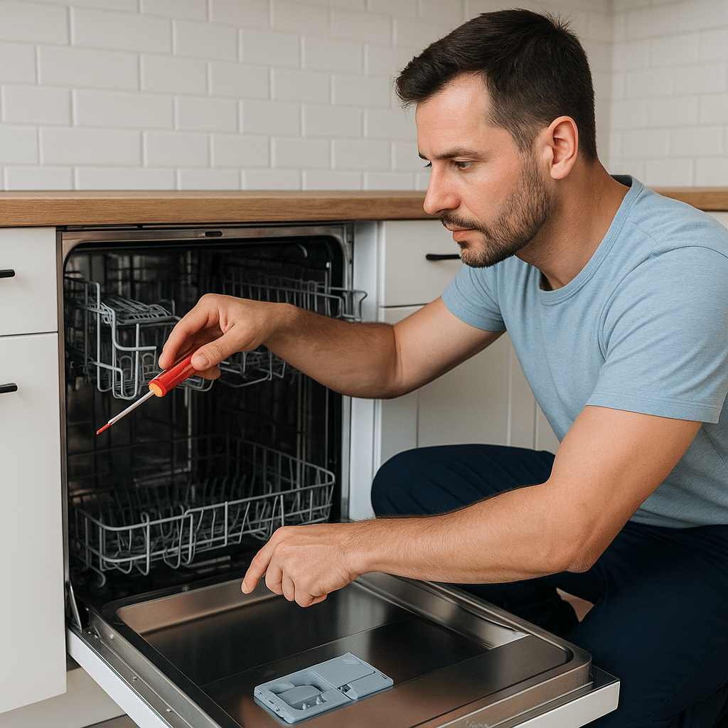 Ankara Arçelik bulaşık makinesi servisi tamircisi, modern mutfakta bulaşık makinesini tornavidayla onarıyor