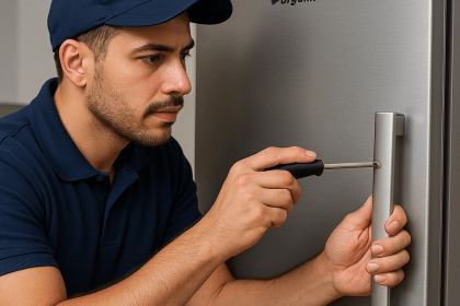 Ankara Arçelik buzdolabı servisi teknisyeni, buzdolabı kapı kolunu tornavida ile onarıyor