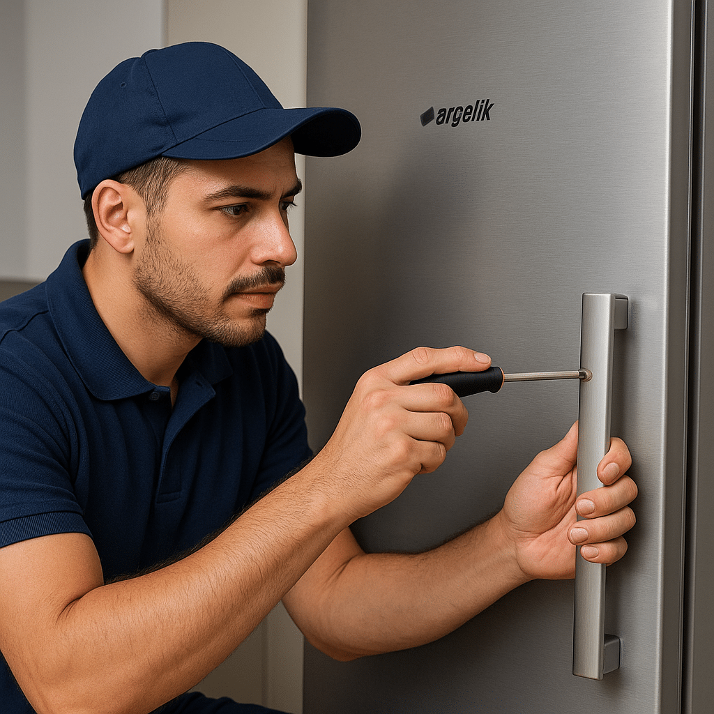 Ankara Arçelik buzdolabı servisi teknisyeni, buzdolabı kapı kolunu tornavida ile onarıyor