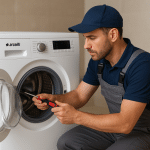 Teknisyen, ön yüklemeli Arçelik çamaşır makinesi servisi sırasında makineyi tornavida ile onarıyor