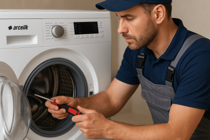 Teknisyen, ön yüklemeli Arçelik çamaşır makinesi servisi sırasında makineyi tornavida ile onarıyor