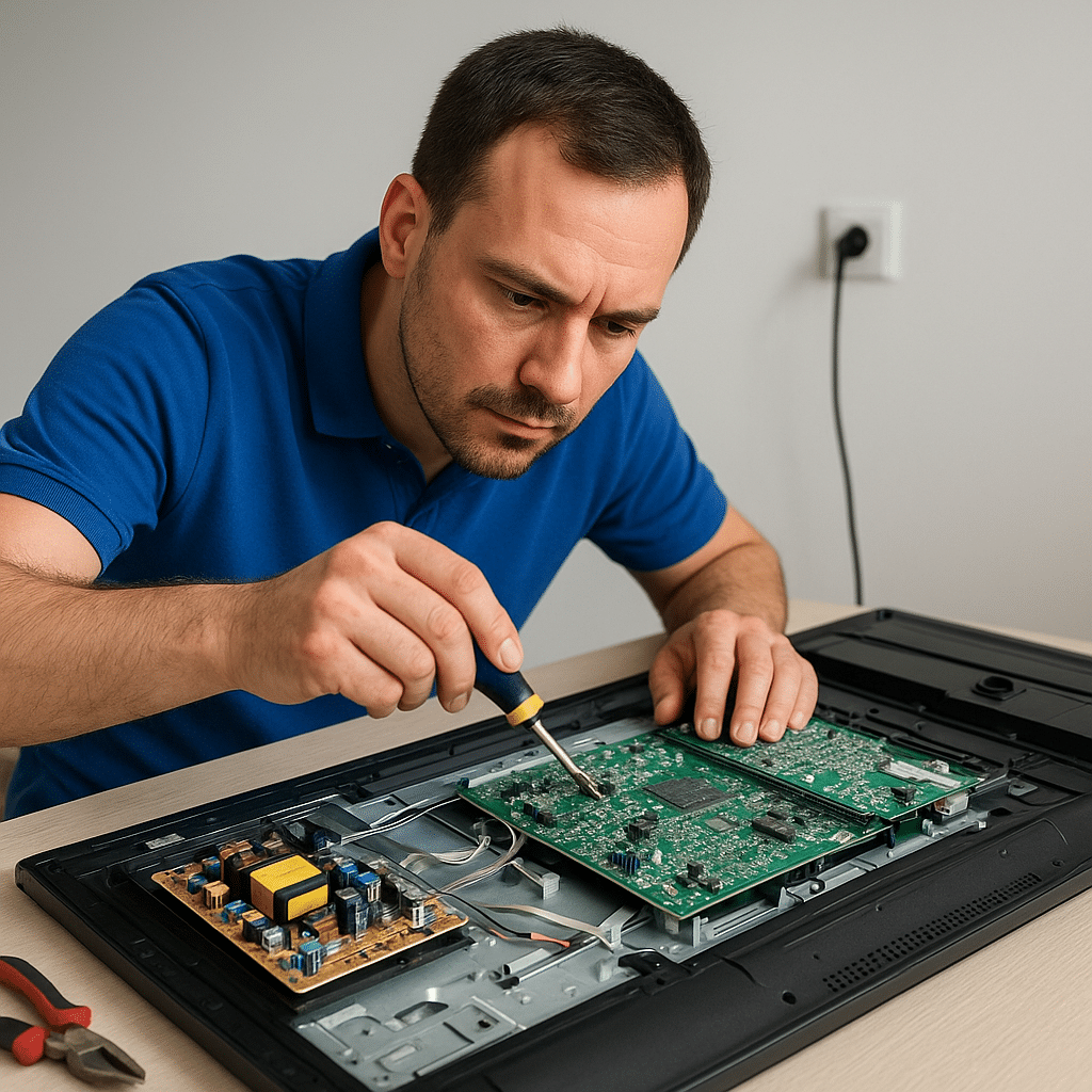 Teknisyen, Ankara Arçelik televizyon servisi için TV devre kartını tornavidayla onarıyor.