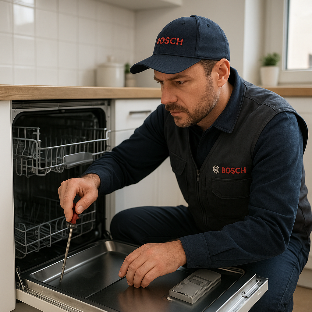 Ankara Bosch servisi teknisyeni modern mutfakta Bosch bulaşık makinesini profesyonelce tamir ediyor