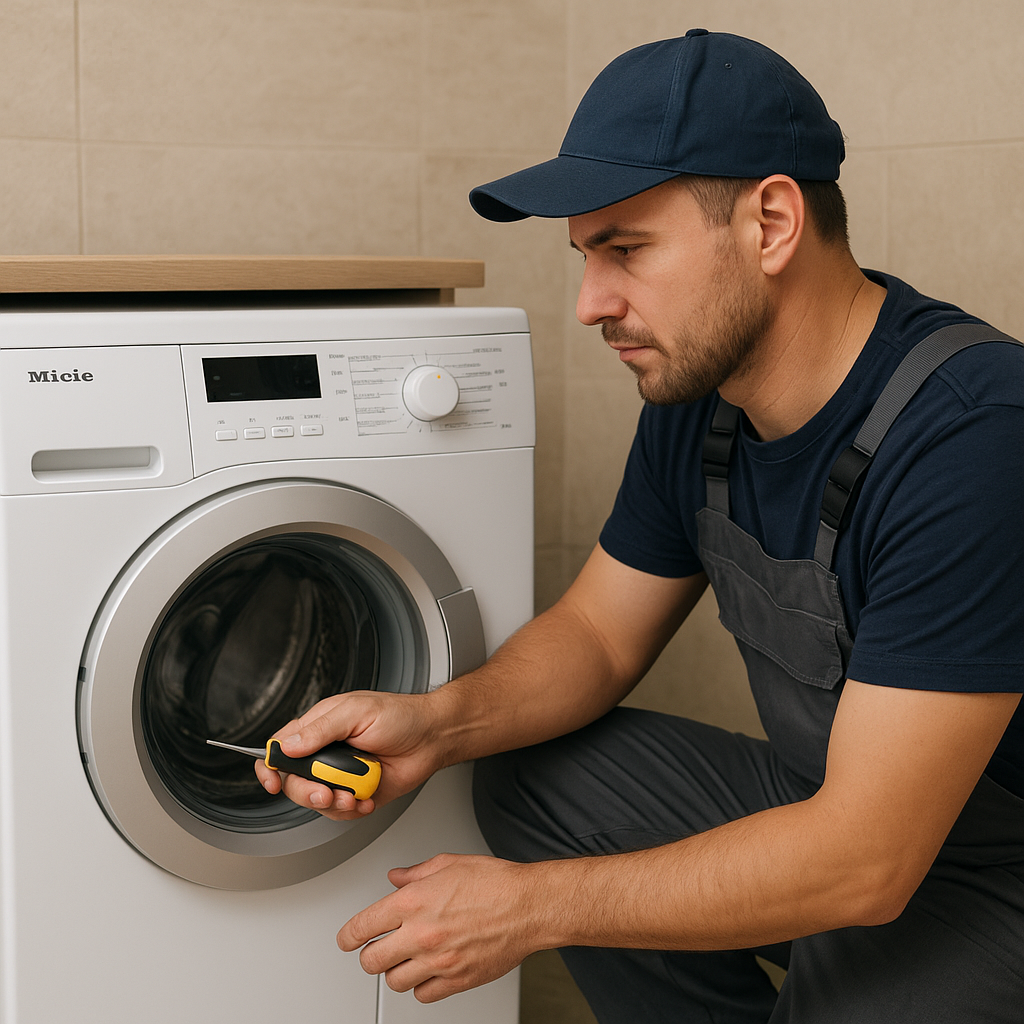 Teknisyen, Ankara Miele çamaşır makinesi servisi için ön yüklemeli makineyi tornavidayla onarıyor