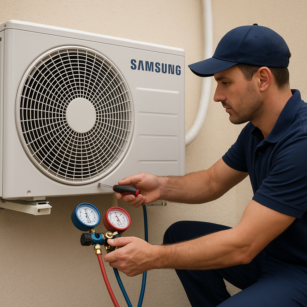 Teknisyen, Ankara Samsung klima servisi kapsamında Samsung klima ünitesini manometrelerle kontrol ederek bakım yapıyor.