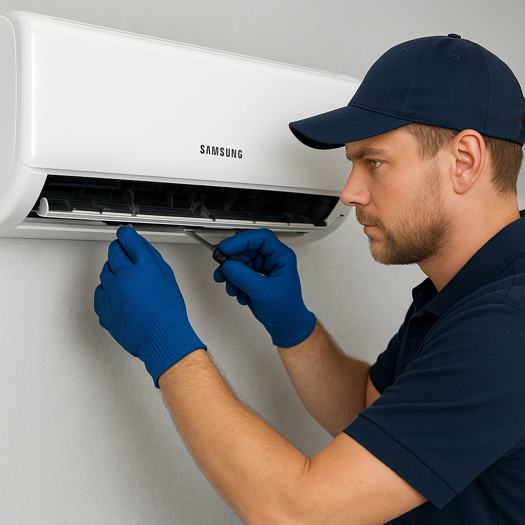 Ankara Samsung klima servisi teknisyeni, duvara monte Samsung klimayı tamir ederken, aletlerle detaylı bakım yapıyor
