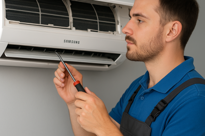 Ankara Samsung klima servisi teknisyeni, Samsung klima ünitesini tornavida ile onarırken yakından görünüm