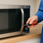 Teknisyen, mutfak tezgahında paslanmaz çelik mikrodalga fırını tornavidayla onarıyor, Ankara Samsung mikrodalga fırın