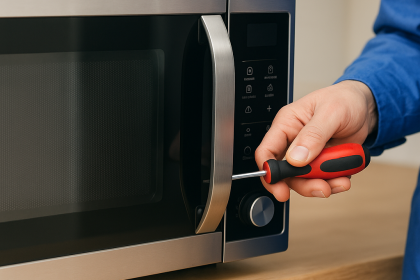 Teknisyen, mutfak tezgahında paslanmaz çelik mikrodalga fırını tornavidayla onarıyor, Ankara Samsung mikrodalga fırın