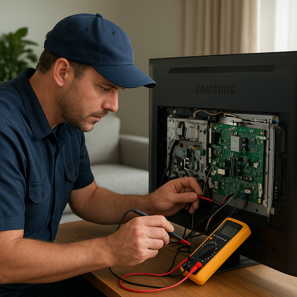 Teknisyen, Ankara Samsung TV servisi kapsamında Samsung düz ekran televizyonu multimetre ile test edip onarıyor.