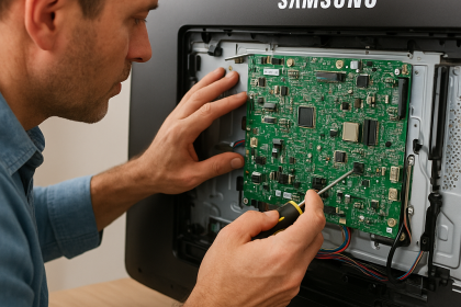 Ankara Samsung TV servisi teknisyeni, Samsung televizyonun iç devre kartını hassas şekilde tamir eder.