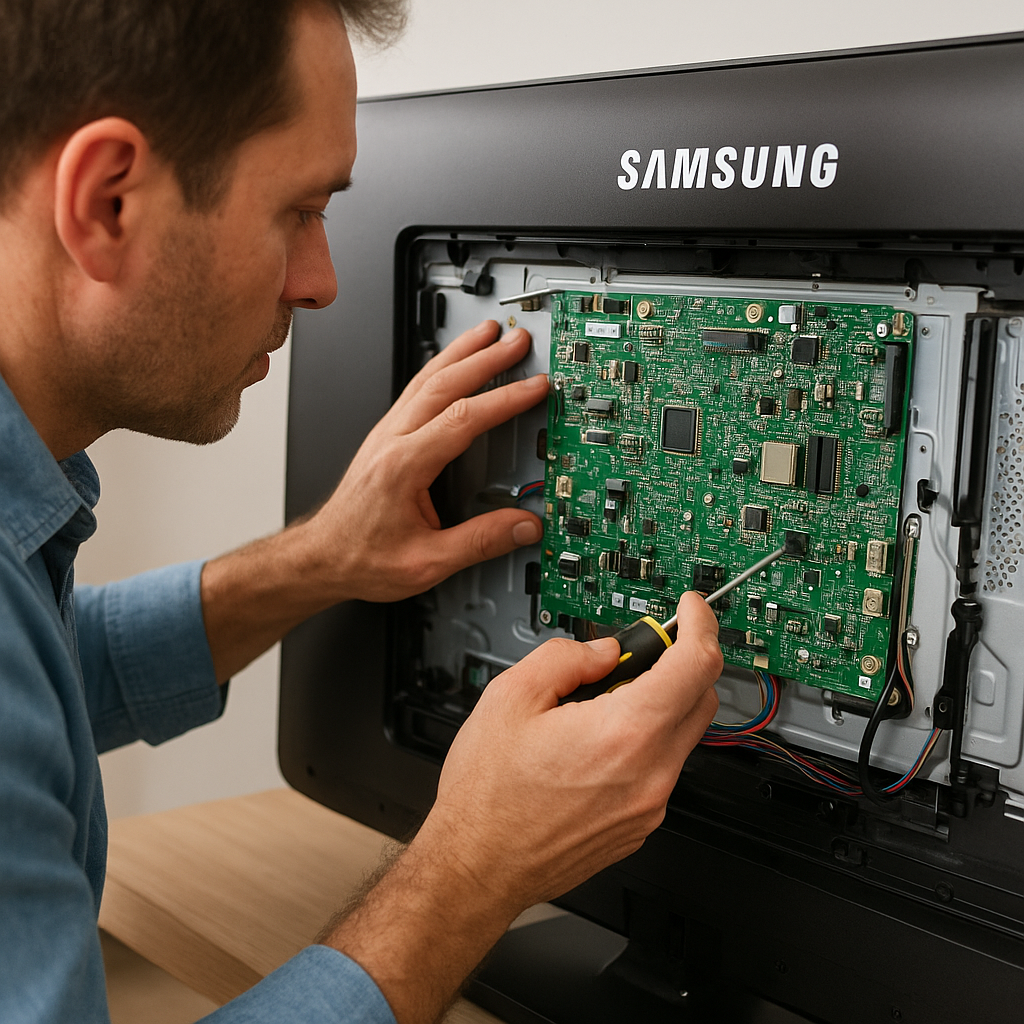 Ankara Samsung TV servisi teknisyeni, Samsung televizyonun iç devre kartını hassas şekilde tamir eder.