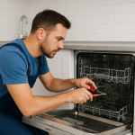 Teknisyen modern mutfakta Siemens bulaşık makinesini onarıyor, Ankara Siemens bulaşık makinesi servisi hizmeti.