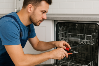 Teknisyen modern mutfakta Siemens bulaşık makinesini onarıyor, Ankara Siemens bulaşık makinesi servisi hizmeti.