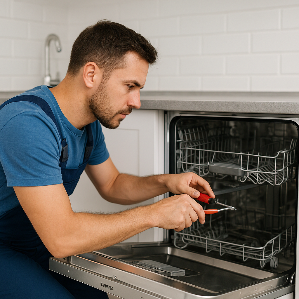 Teknisyen modern mutfakta Siemens bulaşık makinesini onarıyor, Ankara Siemens bulaşık makinesi servisi hizmeti.
