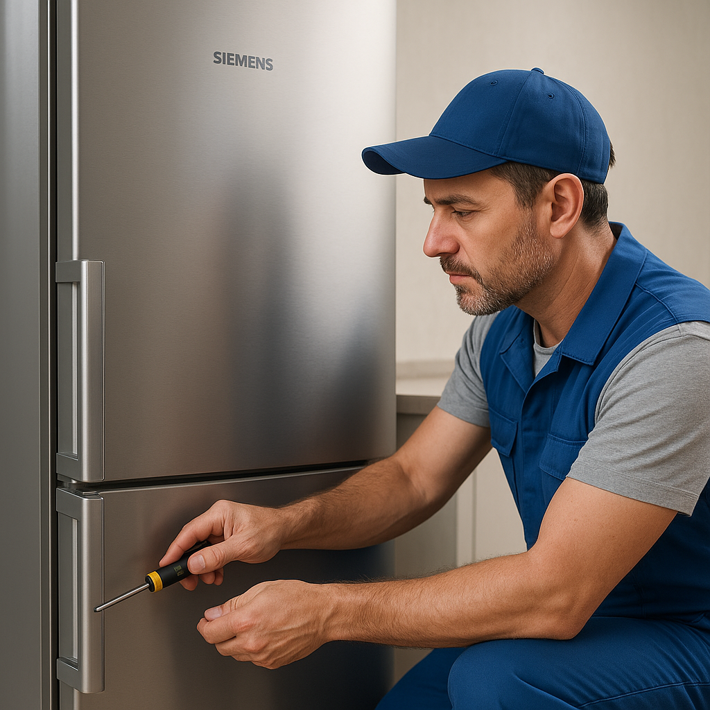 Ankara Siemens buzdolabı servisi teknisyeni, paslanmaz çelik Siemens buzdolabını tornavidayla onarıyor