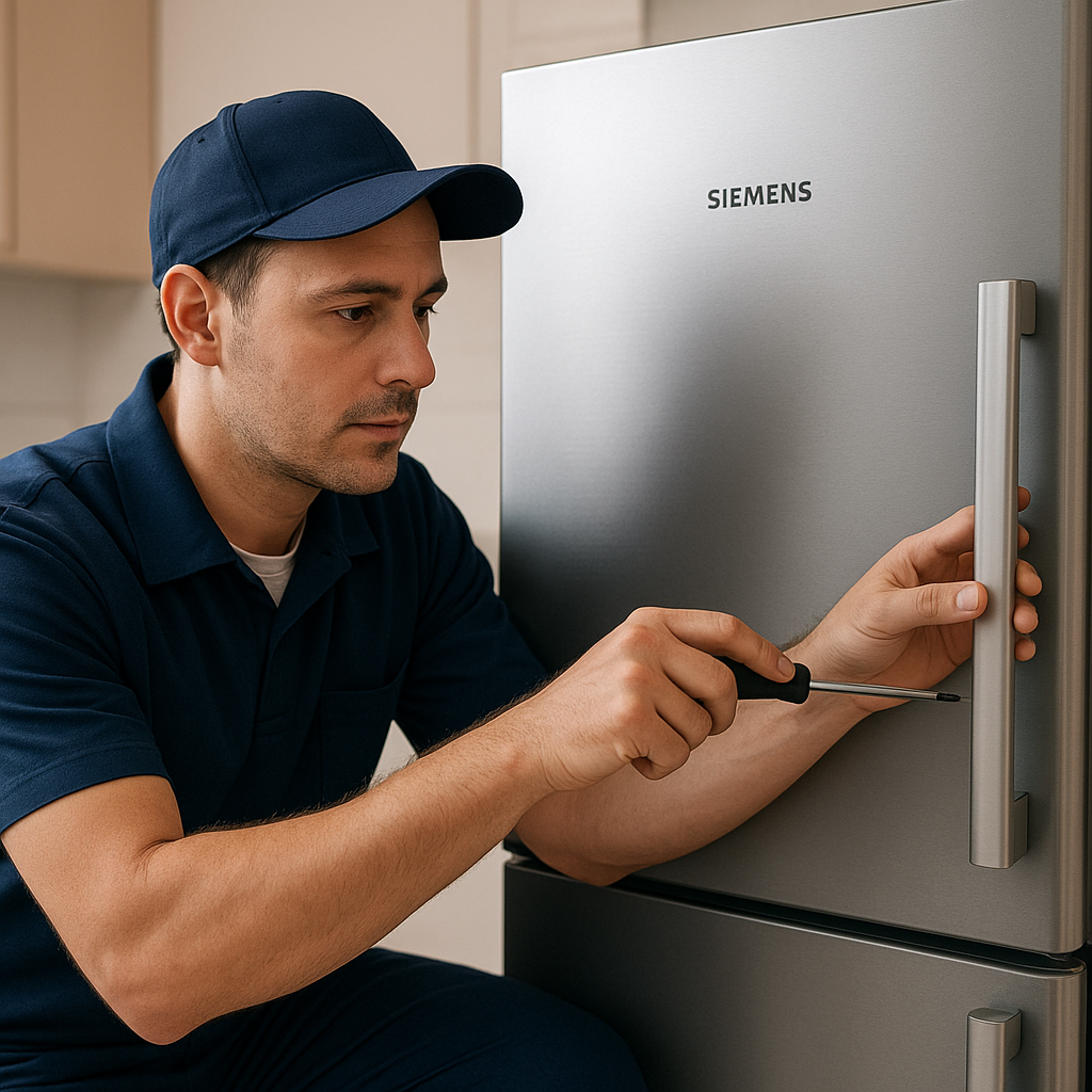 Teknisyen, Ankara Siemens buzdolabı servisi kapsamında paslanmaz çelik Siemens buzdolabını tornavidayla onarıyor