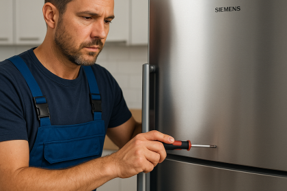 Ankara Siemens buzdolabı servisi teknisyeni, modern mutfakta paslanmaz çelik Siemens buzdolabını tamir ediyor