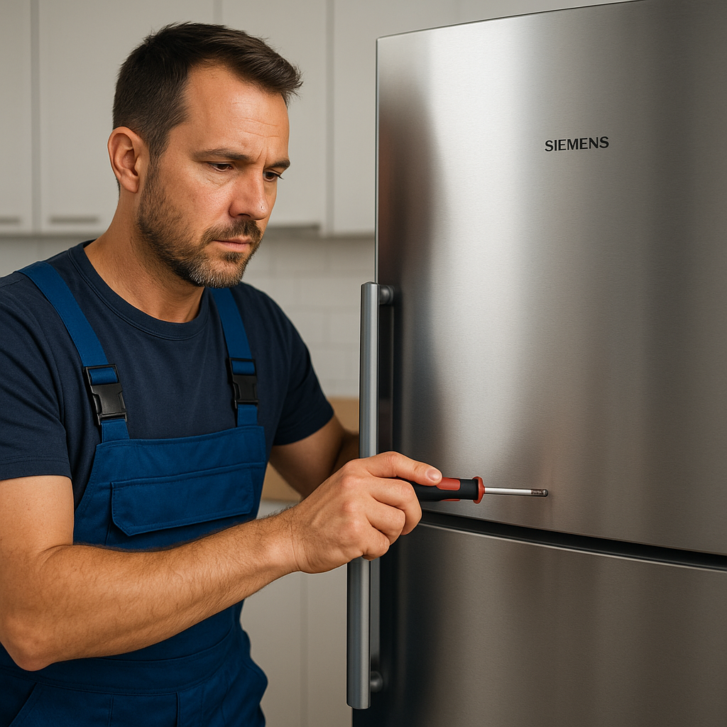 Ankara Siemens buzdolabı servisi teknisyeni, modern mutfakta paslanmaz çelik Siemens buzdolabını tamir ediyor