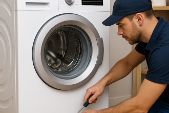 Teknisyen, Siemens ön yüklemeli çamaşır makinesini tornavidayla onarıyor; Ankara Siemens çamaşır makinesi servisi.