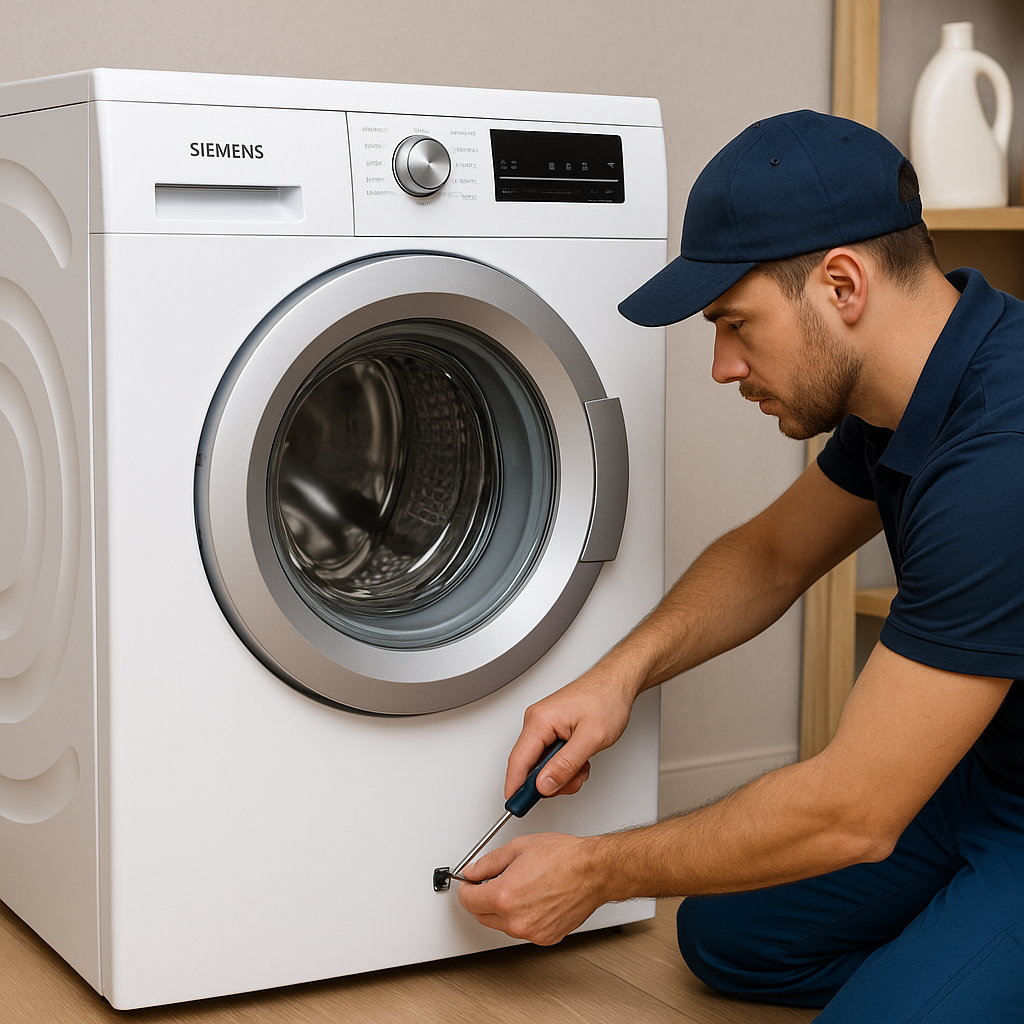 Teknisyen, Siemens ön yüklemeli çamaşır makinesini tornavidayla onarıyor; Ankara Siemens çamaşır makinesi servisi.