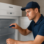 Teknisyen, Siemens derin dondurucu kapısını tornavidayla onarıyor; arka planda Ankara Siemens derin dondurucu servisi.