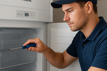 Teknisyen, Siemens derin dondurucu kapısını tornavidayla onarıyor; arka planda Ankara Siemens derin dondurucu servisi.