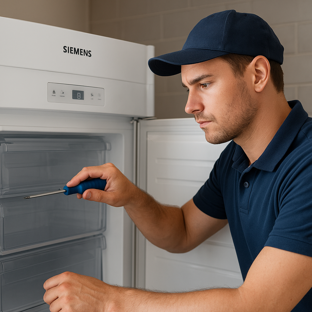Teknisyen, Siemens derin dondurucu kapısını tornavidayla onarıyor; arka planda Ankara Siemens derin dondurucu servisi.