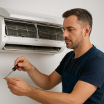 Teknisyen, duvara monteli Siemens klimayı onarıyor; Ankara Siemens klima servisi ve Siemens klima arızaları çözümü.