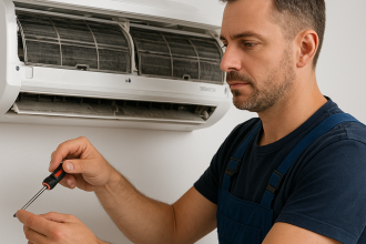 Teknisyen, duvara monteli Siemens klimayı onarıyor; Ankara Siemens klima servisi ve Siemens klima arızaları çözümü.