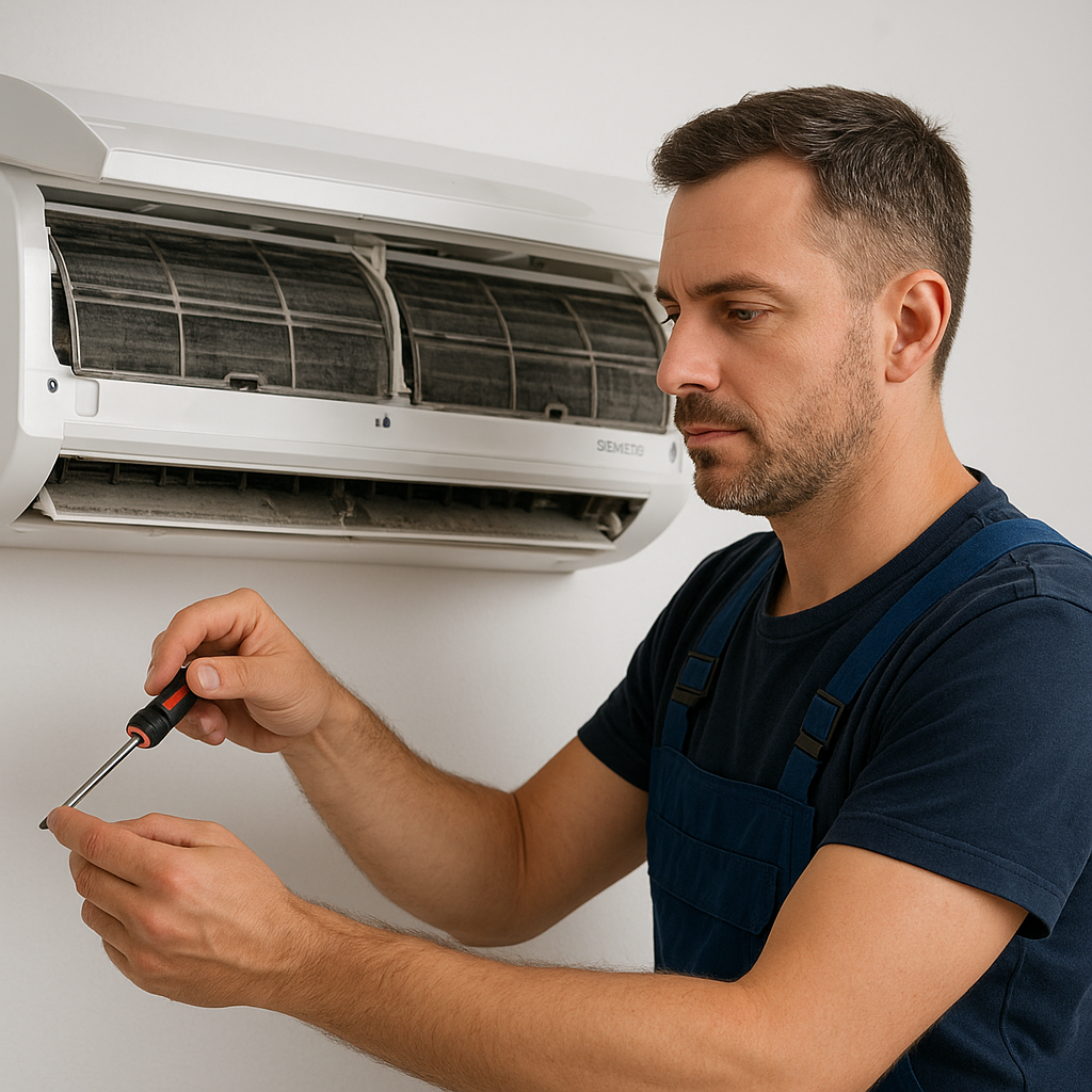 Teknisyen, duvara monteli Siemens klimayı onarıyor; Ankara Siemens klima servisi ve Siemens klima arızaları çözümü.