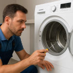 Ankara Siemens kurutma makinesi servisi teknisyeni, ön yüklemeli Siemens makineyi tornavidayla onarırken görülüyor