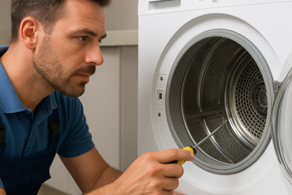 Ankara Siemens kurutma makinesi servisi teknisyeni, ön yüklemeli Siemens makineyi tornavidayla onarırken görülüyor