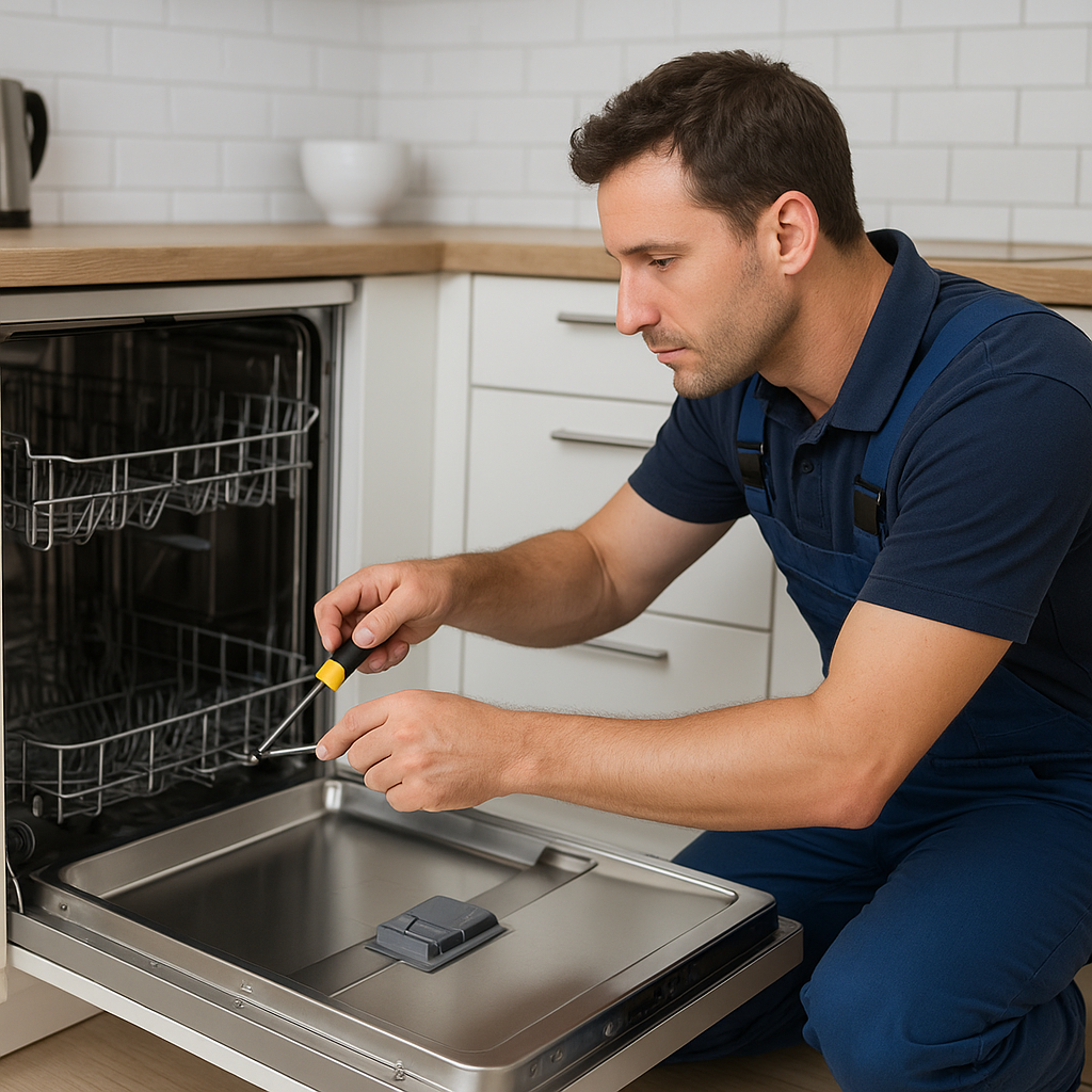 Ankara Vestel bulaşık makinesi servisi teknisyeni, modern mutfakta bulaşık makinesi tamiri yapıyor