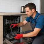 Ankara Vestel bulaşık makinesi servisi teknisyeni modern mutfakta bulaşık makinesini tamir ederken görünmektedir