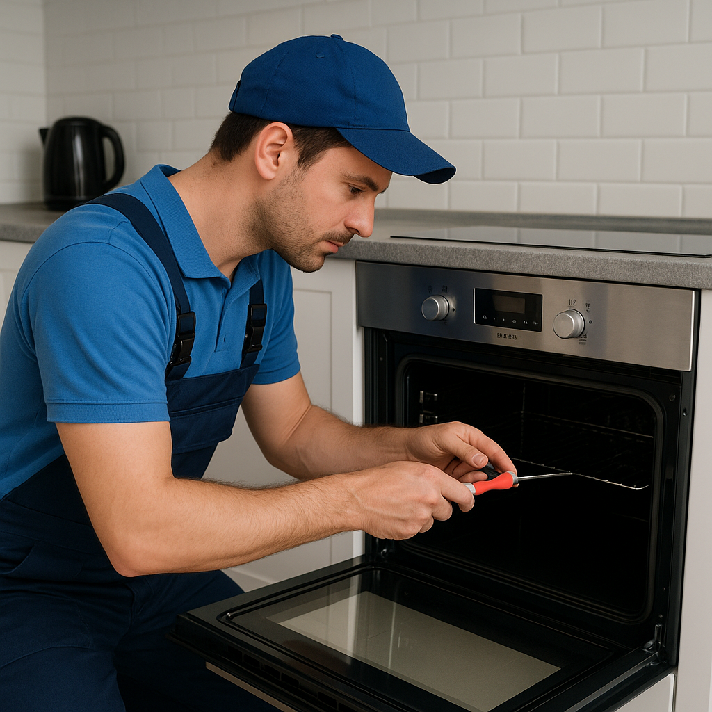 Teknisyen, modern mutfakta Vestel fırını tornavidayla onarıyor; Ankara Vestel fırın servisi hizmetini simgeliyor