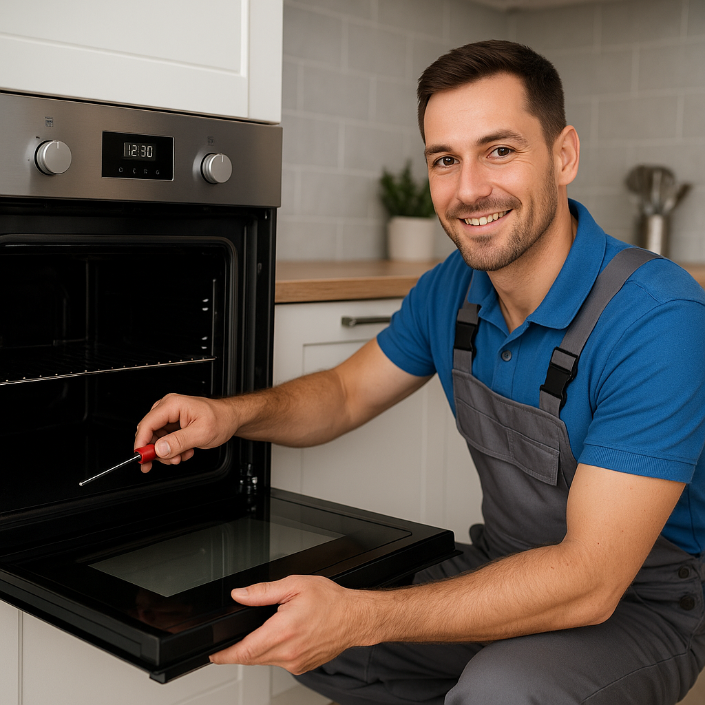 Ankara Vestel fırın servisi teknisyeni modern mutfak fırınını tornavida ile onarırken gülümsüyor