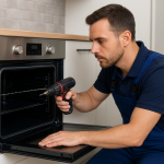 Teknisyen, modern mutfakta Vestel fırını elektrikli matkapla onarıyor; Ankara Vestel fırın servisi hizmetini gösteriyo