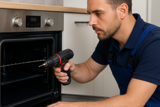 Teknisyen, modern mutfakta Vestel fırını elektrikli matkapla onarıyor; Ankara Vestel fırın servisi hizmetini gösteriyo
