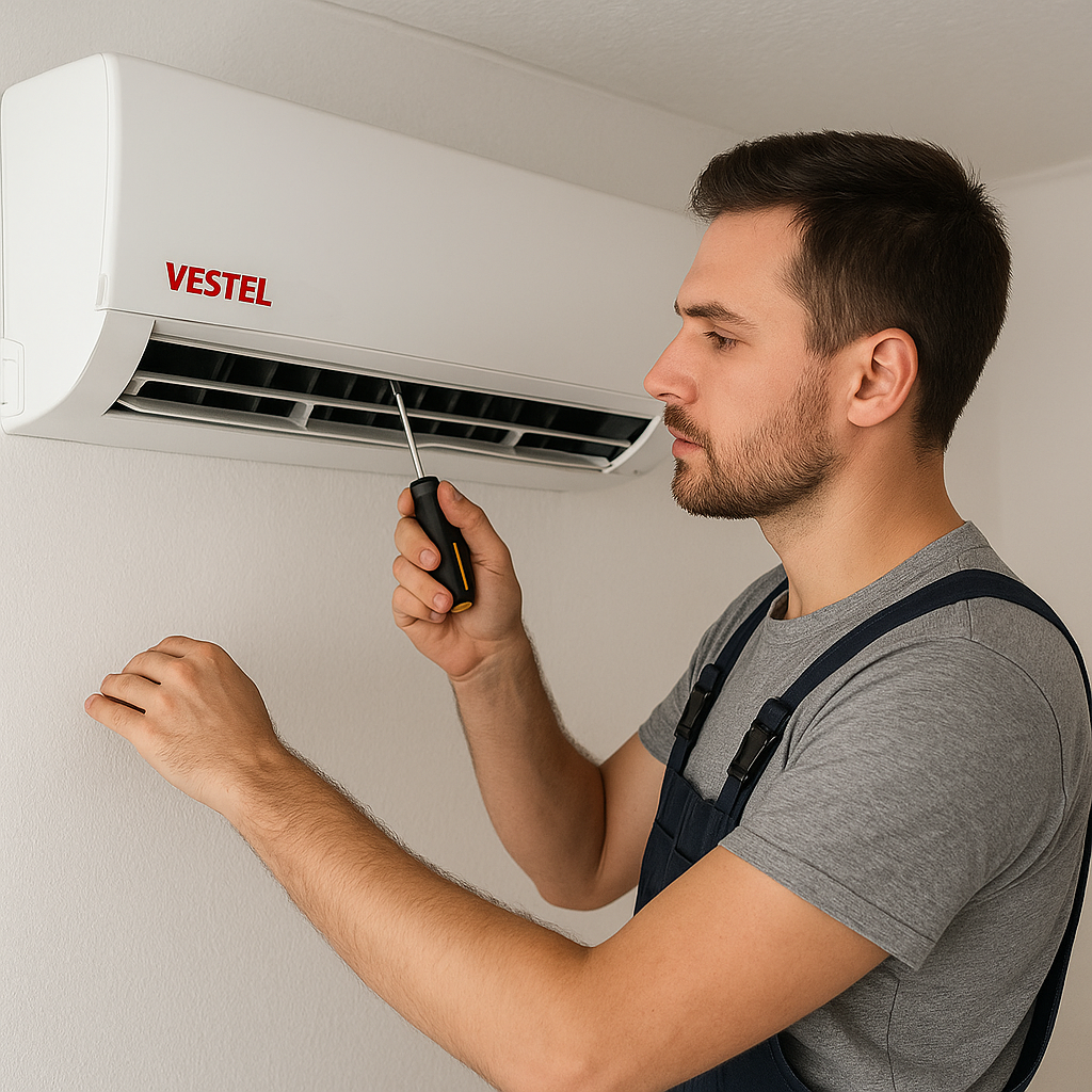 Ankara Vestel klima servisi teknisyeni, duvara monte Vestel klimayı tornavida ile tamir ederken yakından görünüm