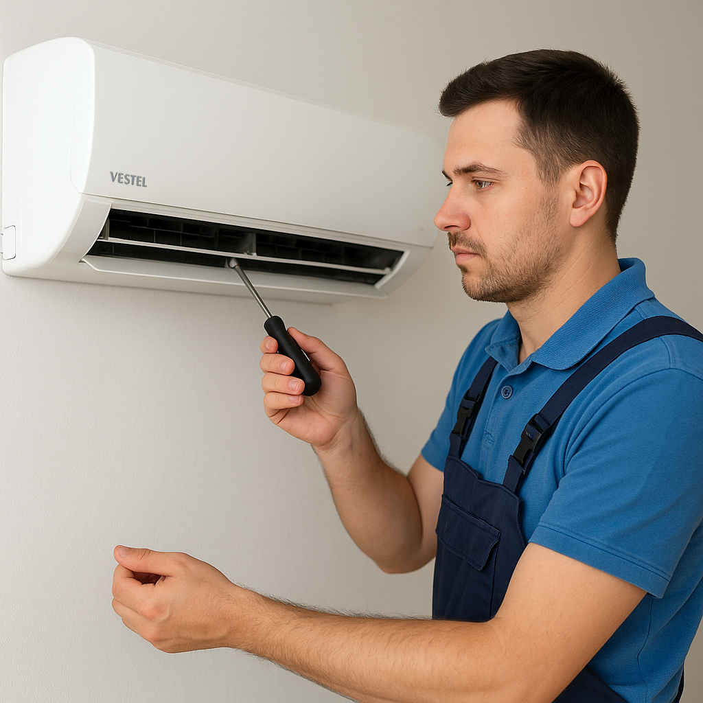 Ankara Vestel klima servisi teknisyeni, duvara monte klimanın iç ünitesini tornavida ile onarıyor.