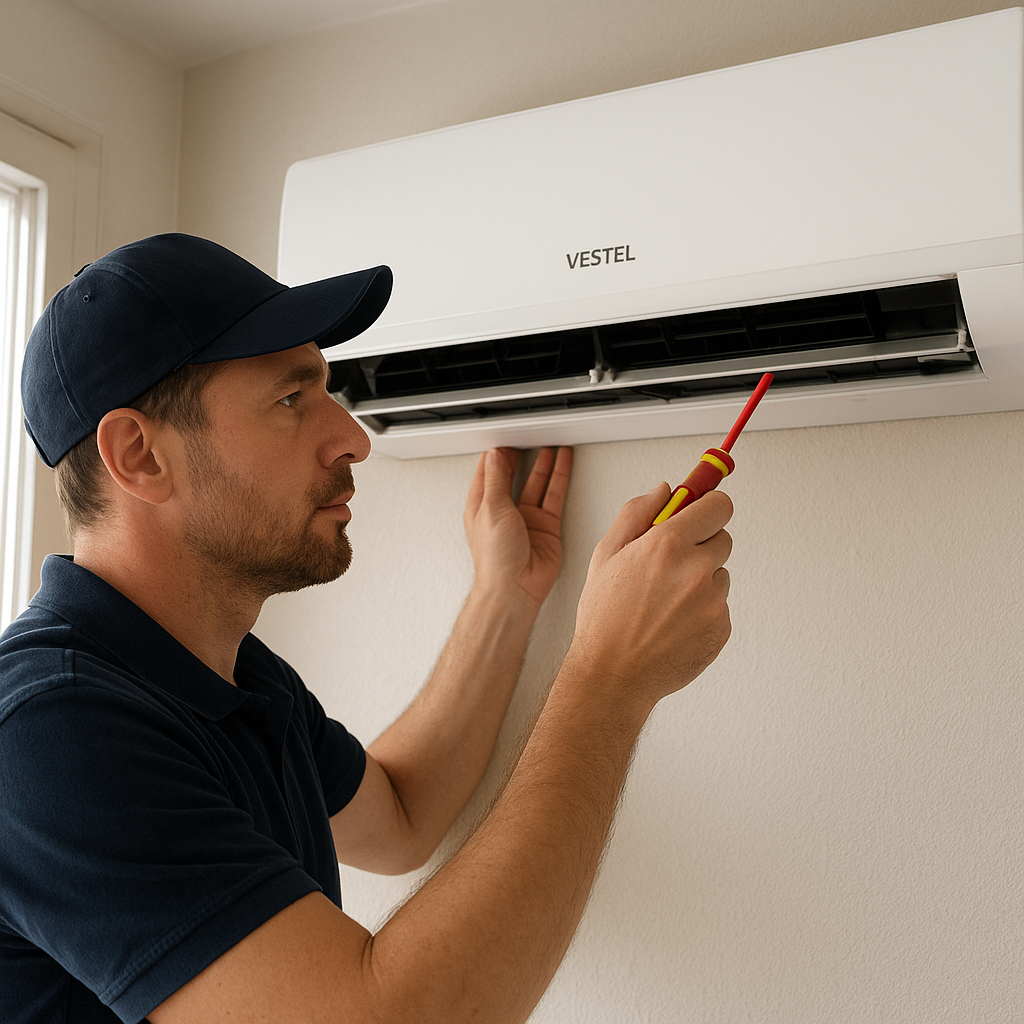 Ankara Vestel klima servisi teknisyeni, duvara monte Vestel klimayı tornavida ile onarı (Incomplete: max_output_tokens)