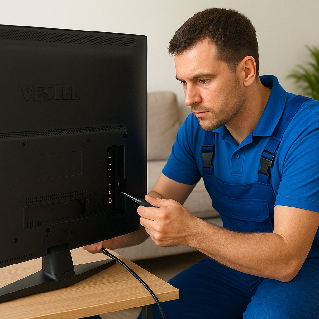 Teknisyen evde Vestel televizyonu tornavida ile onarıyor, Ankara Vestel televizyon servisi hizmeti sunuyor