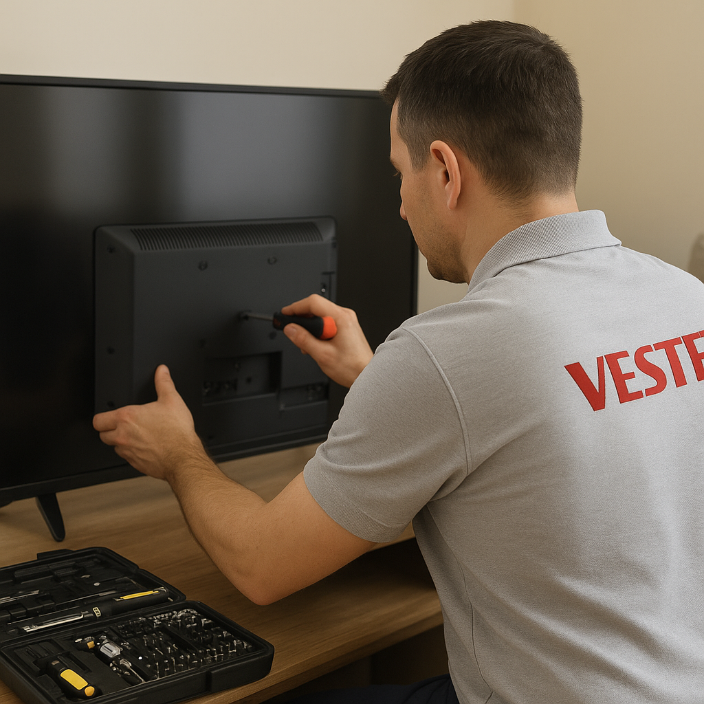 Teknisyen, ahşap masadaki aletlerle düz ekran Vestel TV’yi onarırken. Ankara Vestel televizyon servisi görünümü.