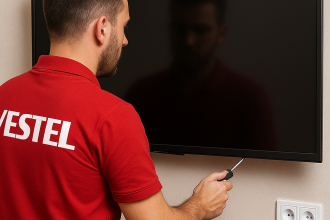 Vestel teknisyeni, duvara monte düz ekran TV kuruyor; Ankara Vestel televizyon servisi hizmeti.