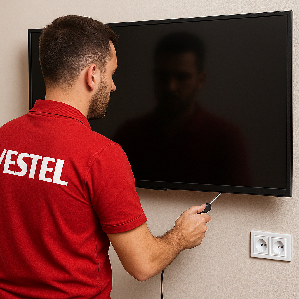 Vestel teknisyeni, duvara monte düz ekran TV kuruyor; Ankara Vestel televizyon servisi hizmeti.