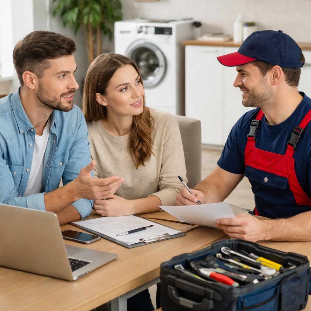 Ankara’da Vestel çamaşır makinesi servisi seçimi hakkında teknisyen ile görüşen aile